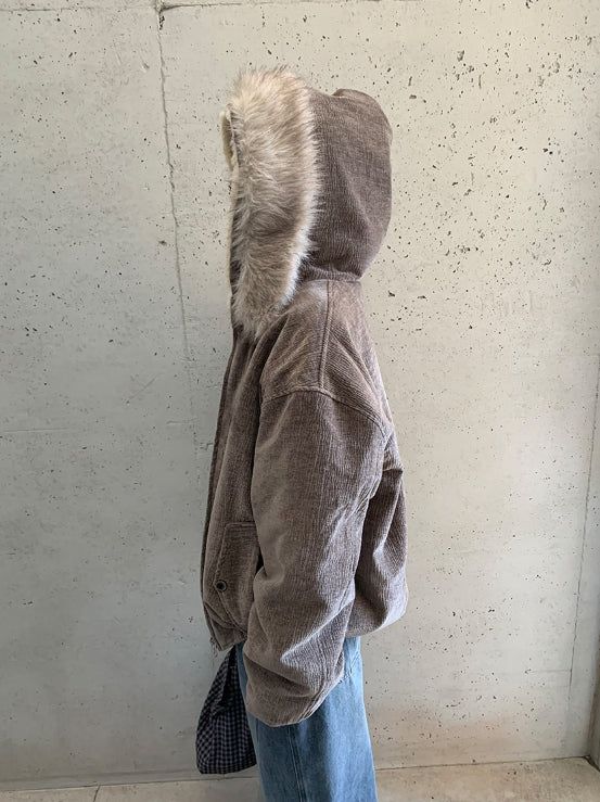 Tiken Herringbone Wool Hood Fur Jacket