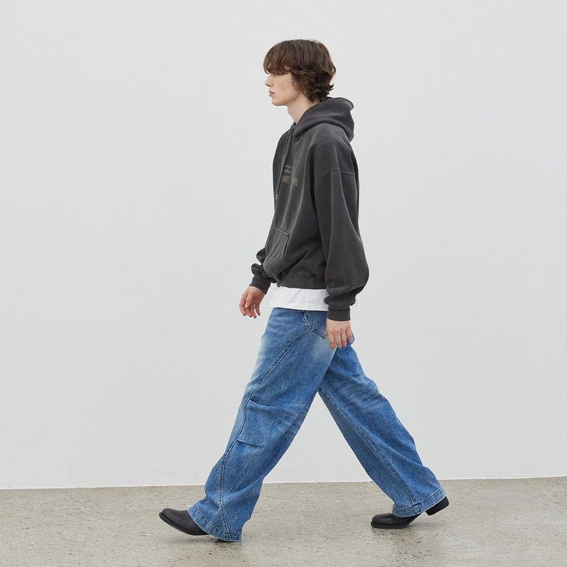 Curved two-tuck Side Denim Pants (Blue)