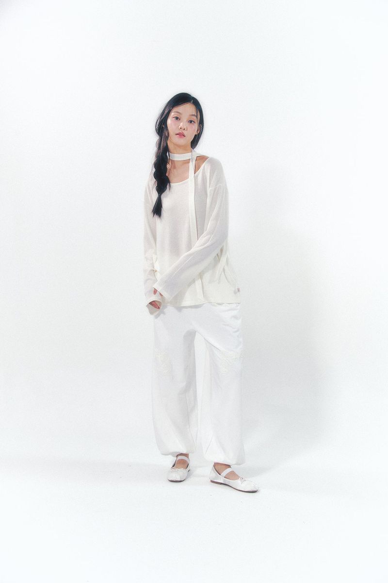 Knee Point Ribbon Jogger Pants White