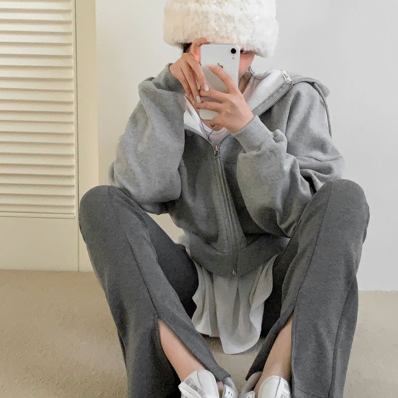 [Bellide made] embroidery napping hood zip-up