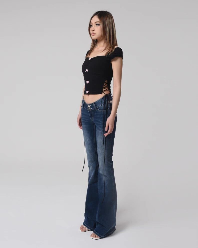 EatmePlz y2k Elastic Lace Low-Waisted Tight Dark Horn Jeans