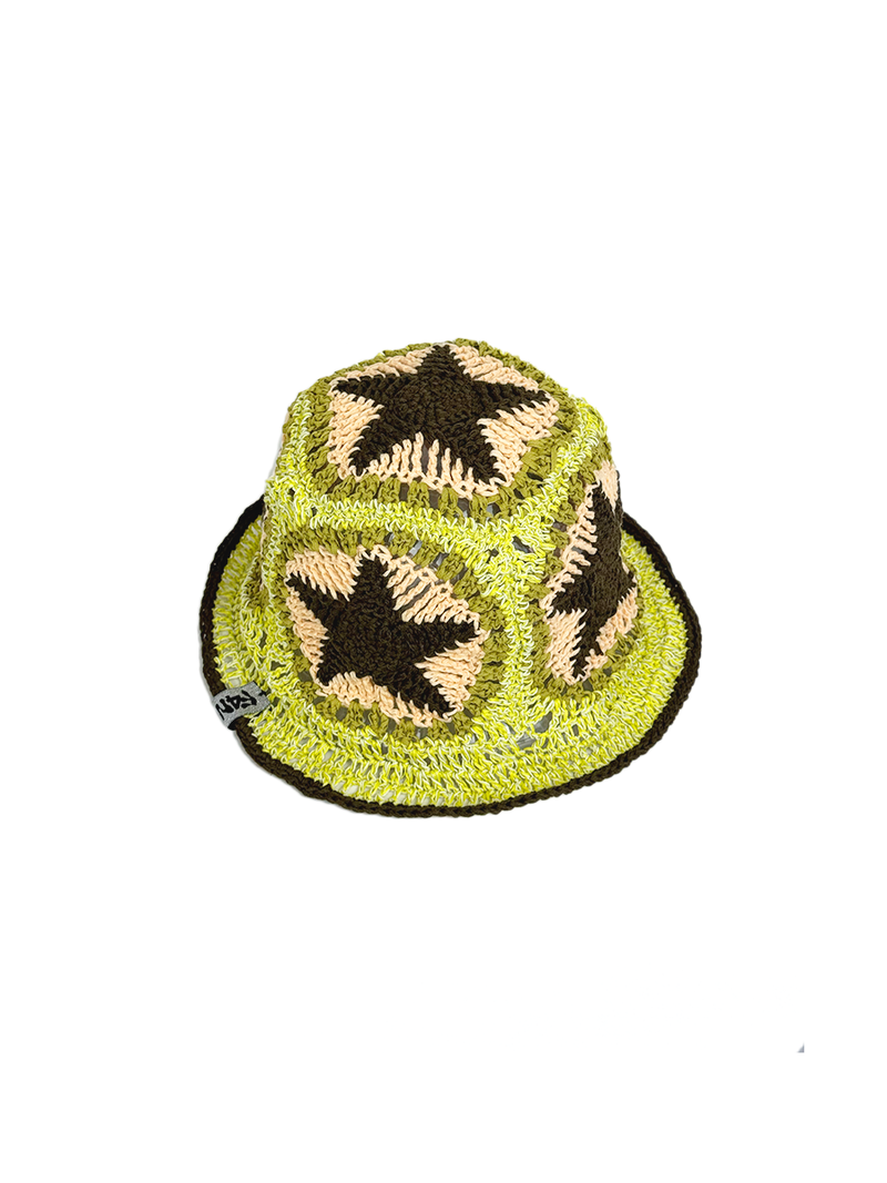 Cotton Linen Raffia Crochet Bucket Hat with Brim and 5 Granny Square Star Patches