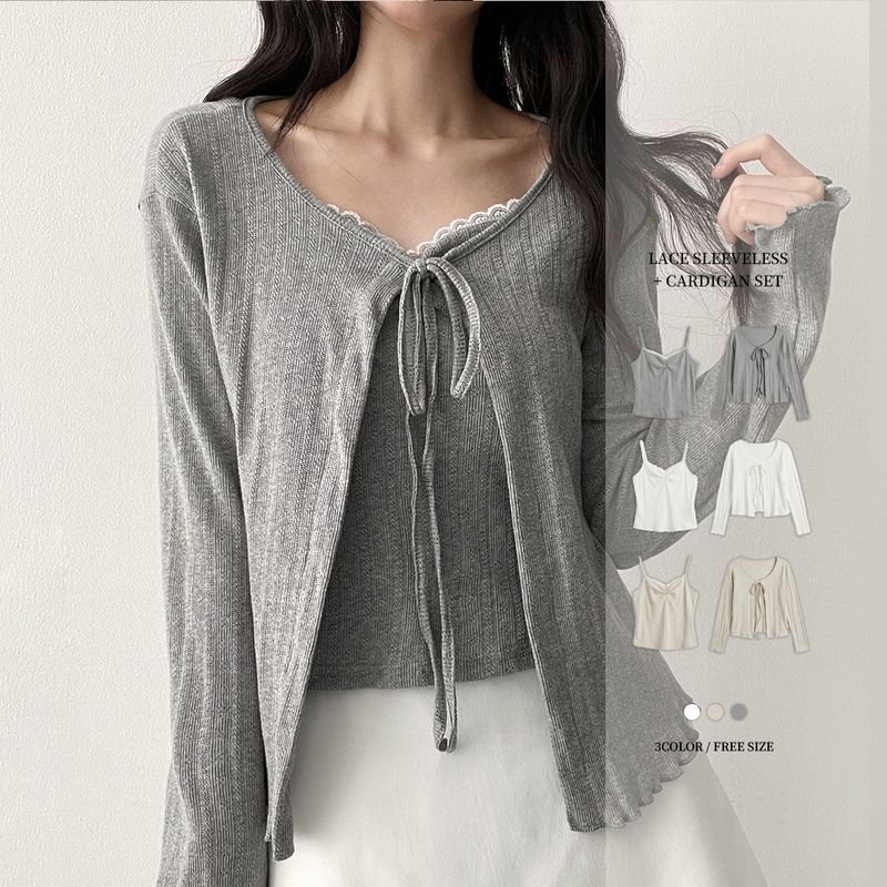 hijjoo（ハイチュー）の「Wavy ribbon + cardigan two-piece SET（Setup）」