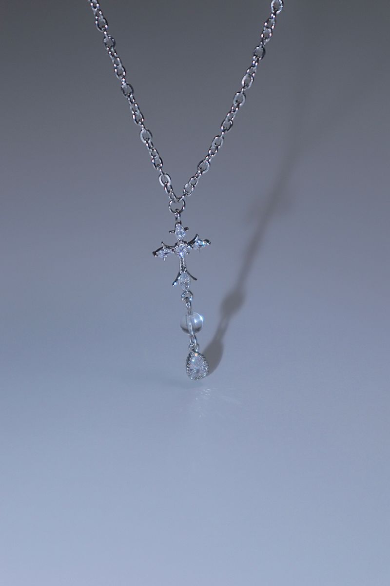 cross water drop transparent gemstone necklace