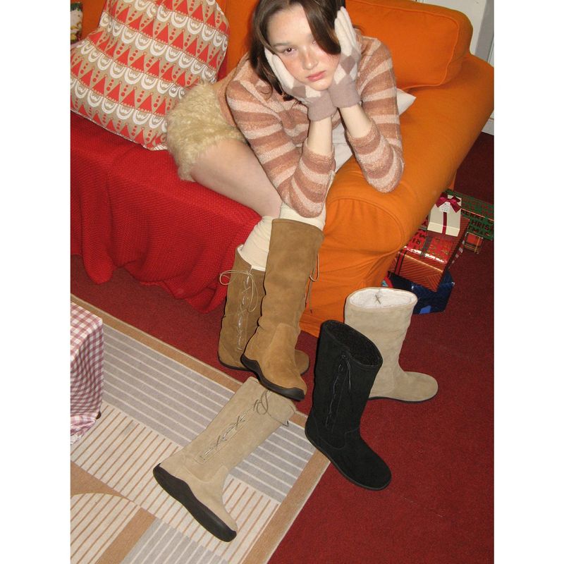 Bow 0010. Ribbon Shearling Boots - 3colors