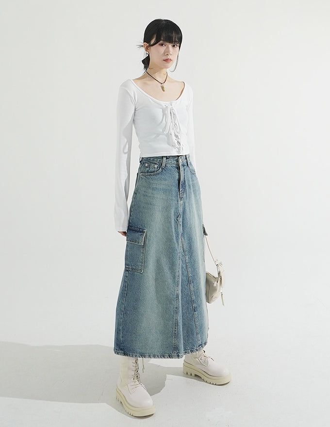 Back Slit Cargo Denim Long Skirt
