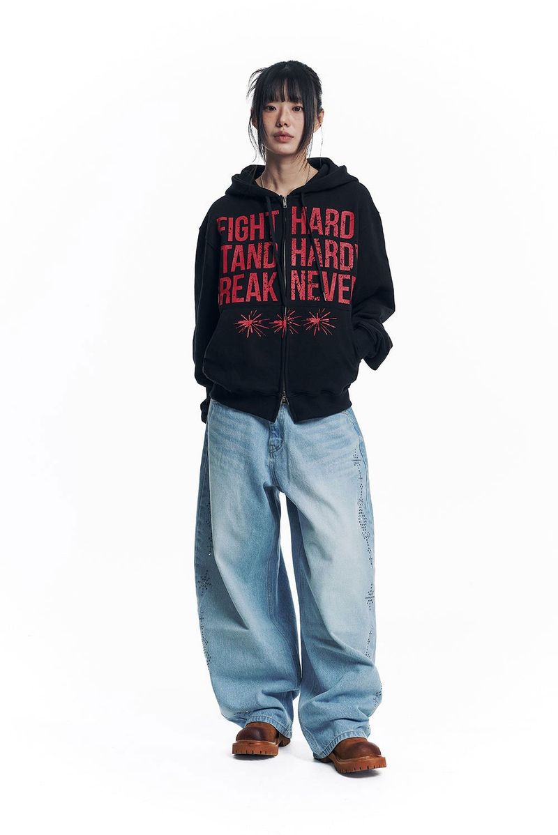 Curved Western Stud Denim Pants - Light Blue