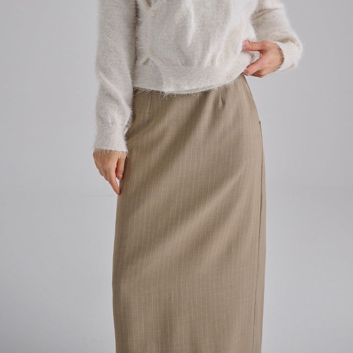 [made/4size] [Soan] Rivet Pintuck Stripe H-Line Slit Long Skirt -3color