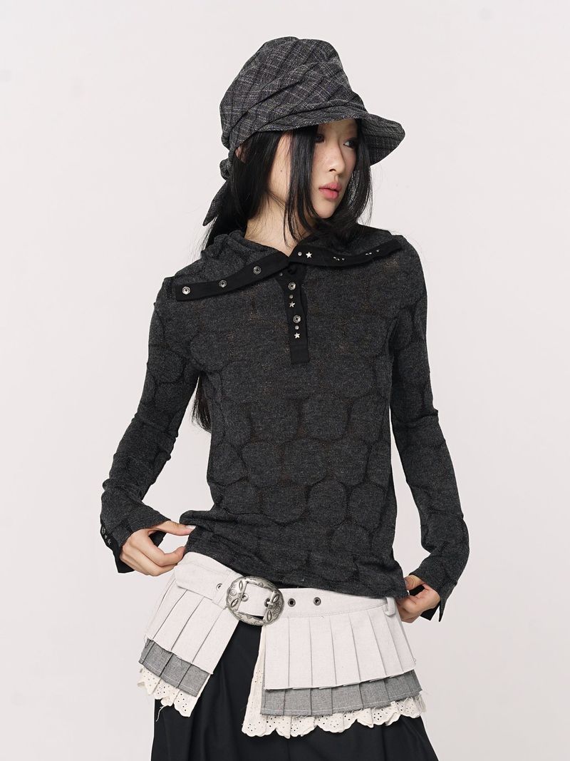 CONFUN Henry rivet patchwork lapel jacquard knitted slim top