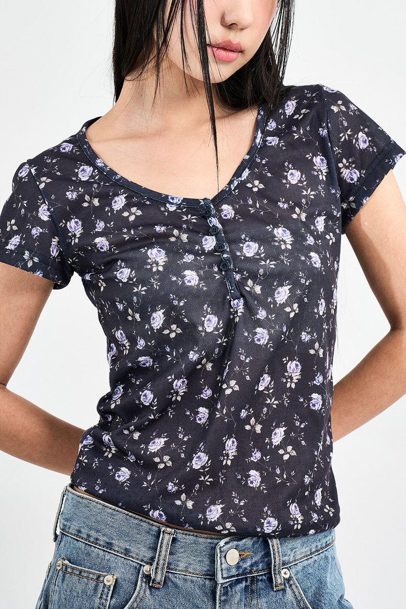 Flower Sheer Button T-shirt