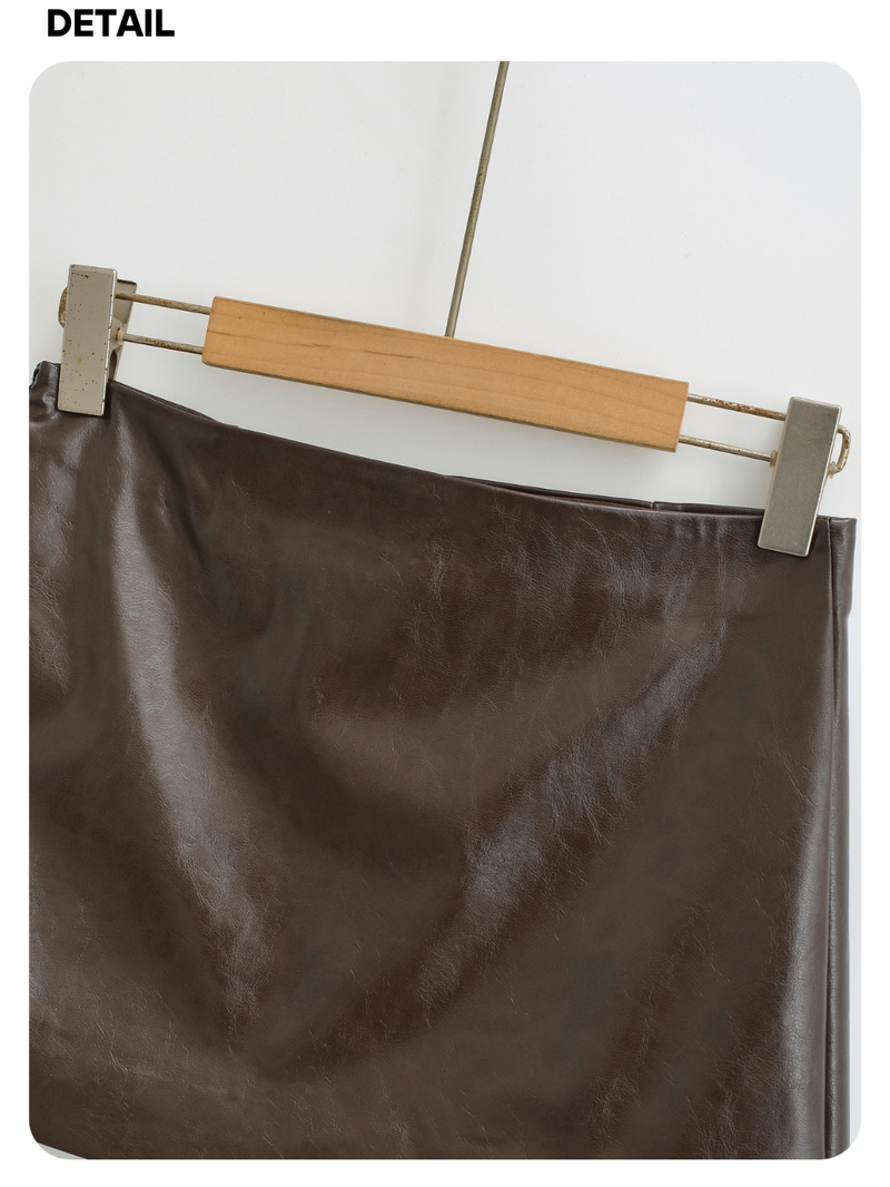 Olive leather A-line mini skirt