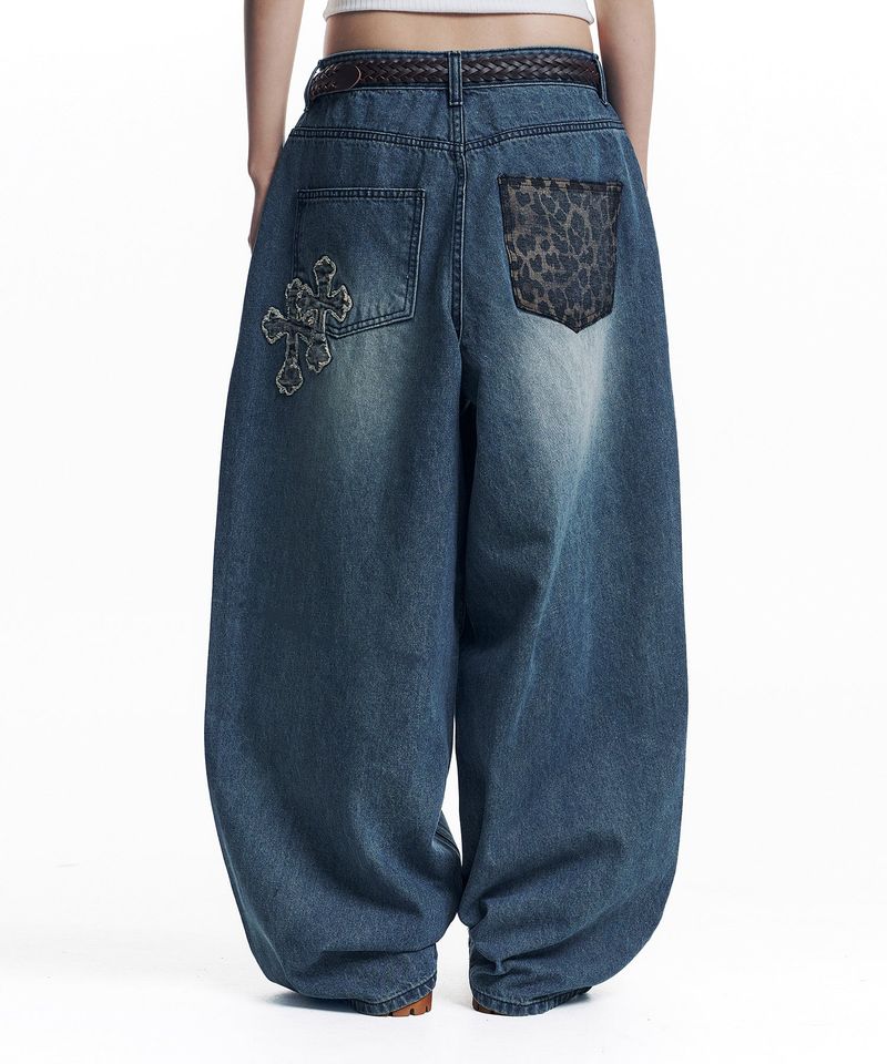 Leopard Cross Patch Roll-Up Denim Pants - Deep Blue