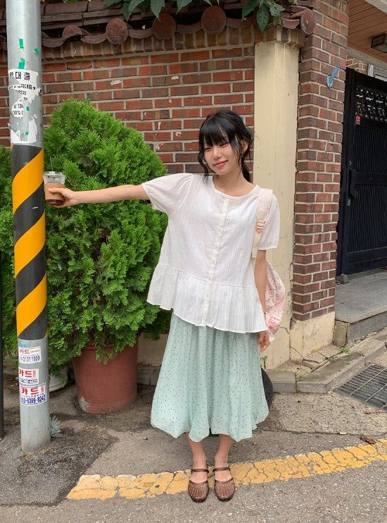 Roden Frill Cotton Balloon Short Sleeve Blouse