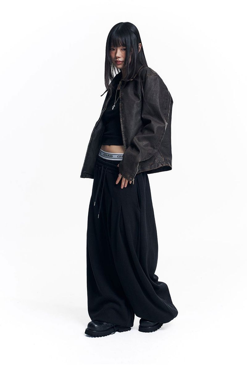 Washed Leather Crop Jacket - Brown