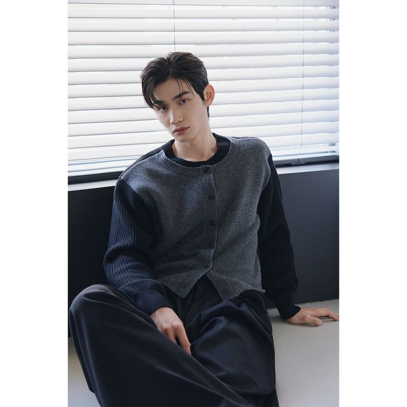 Layered wool knit cardigan(Black)