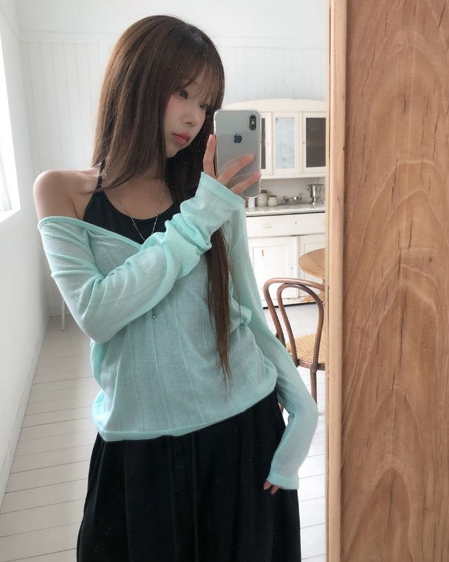 Melting See-through Deep V-Neck Ribbed Long Sleeve