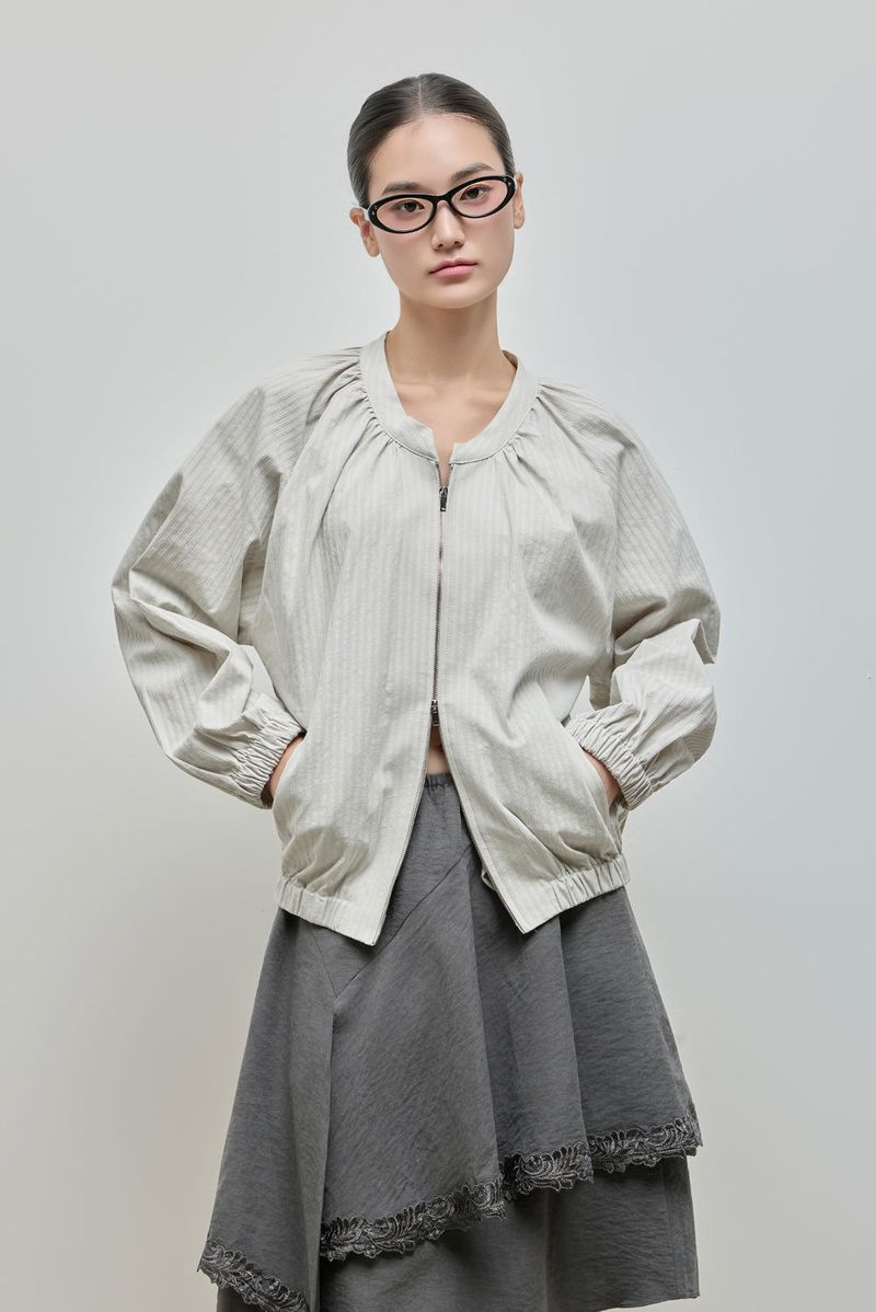 Shirring Zip-up Blouse Jumper_Grey