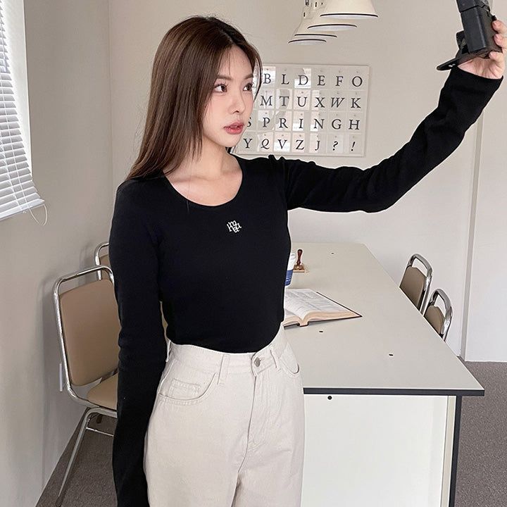 STITCH U-NECK COTTON SPAN LONG SLEEVE