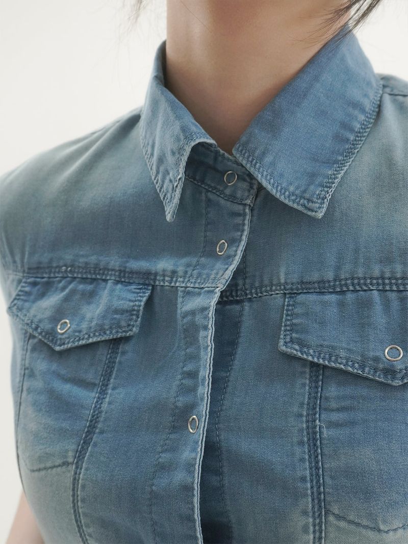 Leaf crop denim short sleeve shirt -2C