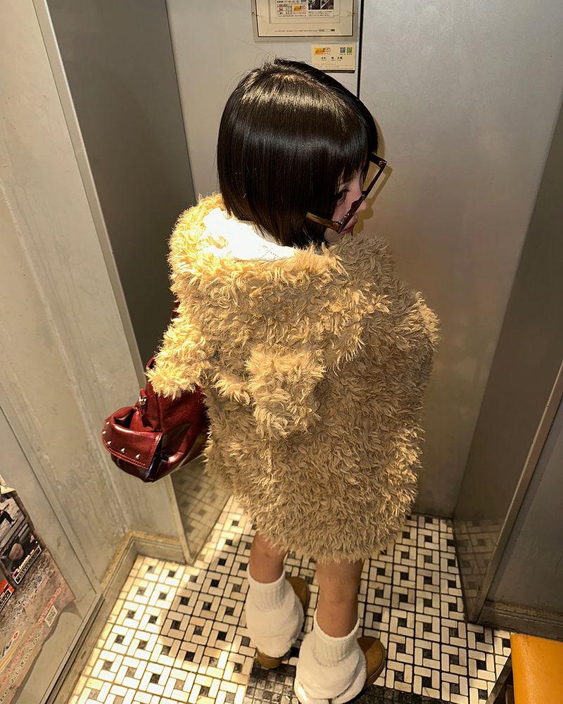 Rabbit ear hood zip-up soft fur jacket