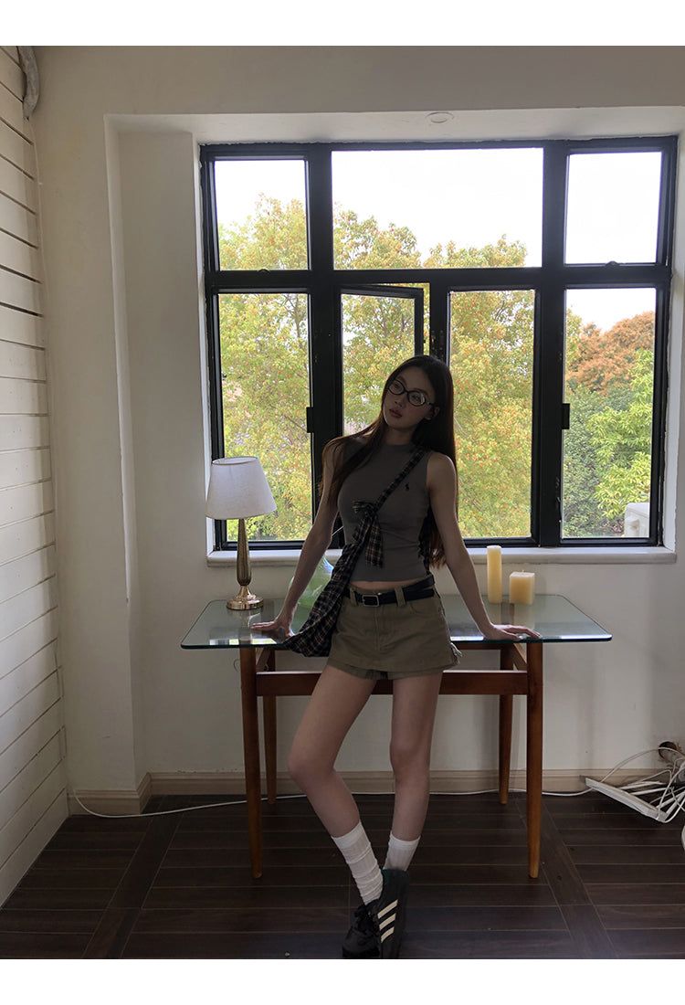 khaki cotton mini pants skirt