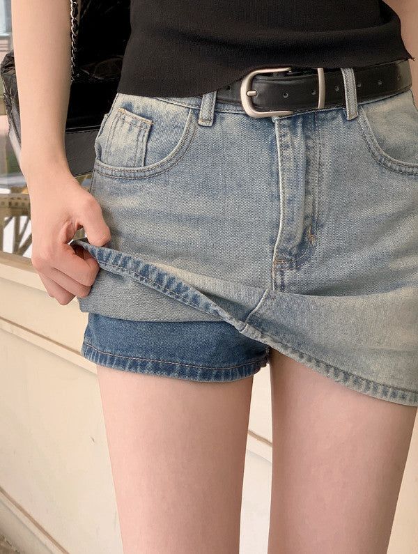 SHOPPERLAND（ショッパーランド）の「#DW Vintage Denim Mini Skirt + Belt Set (3color)（Skirts）」