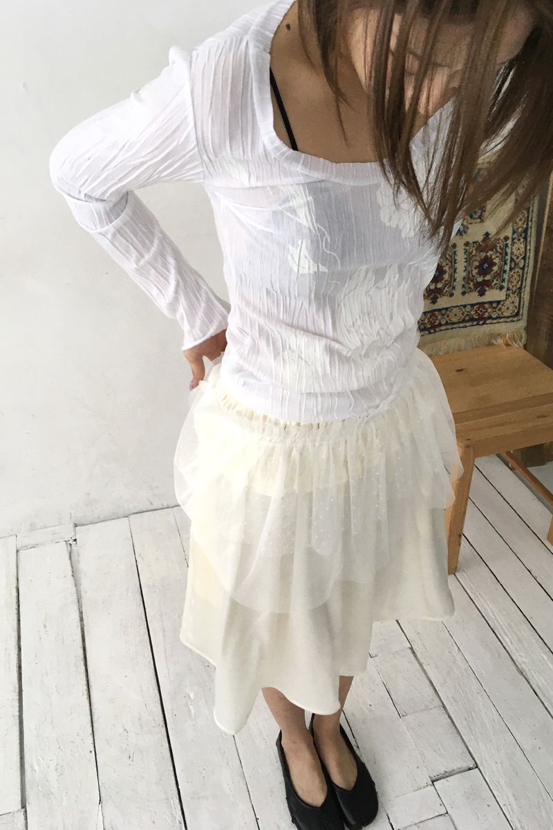 Radio Pacific(ラジオパシフィック)の「Crinkle Vintage Deep U-Neck Long Sleeve Top(Tops)」