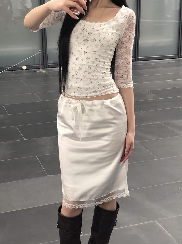 Oin Satin Lace Midi Skirt