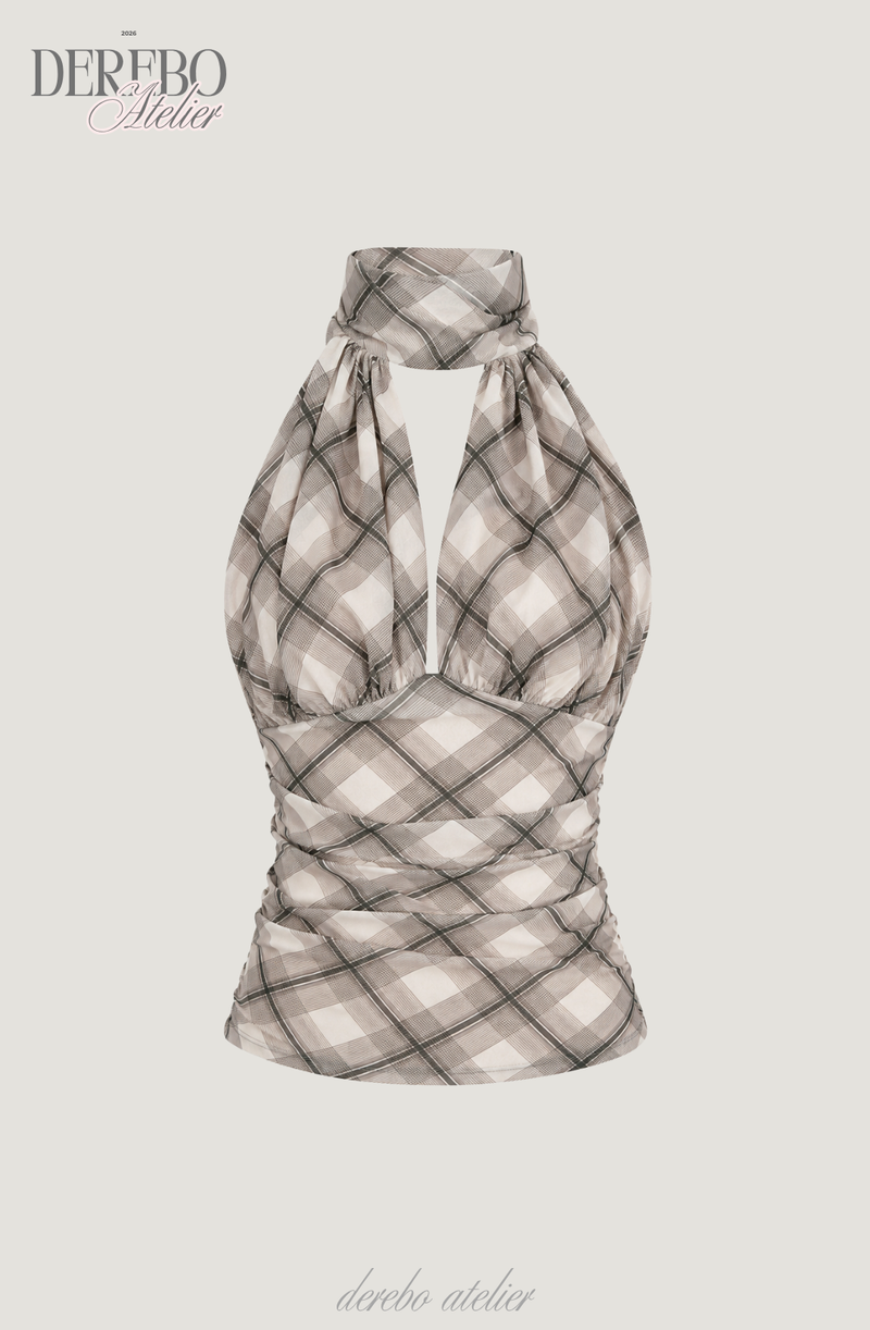 Shphone check holder neck mint-sleeved blouse Top