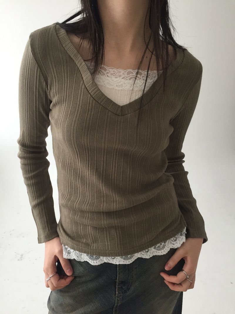 Lace ribbed long sleeves