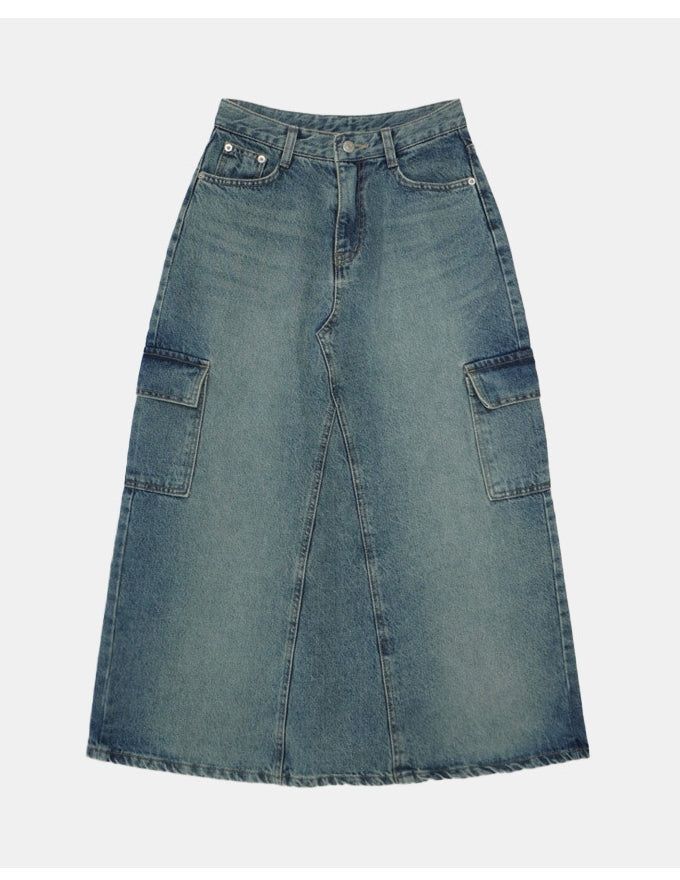 Back Slit Cargo Denim Long Skirt