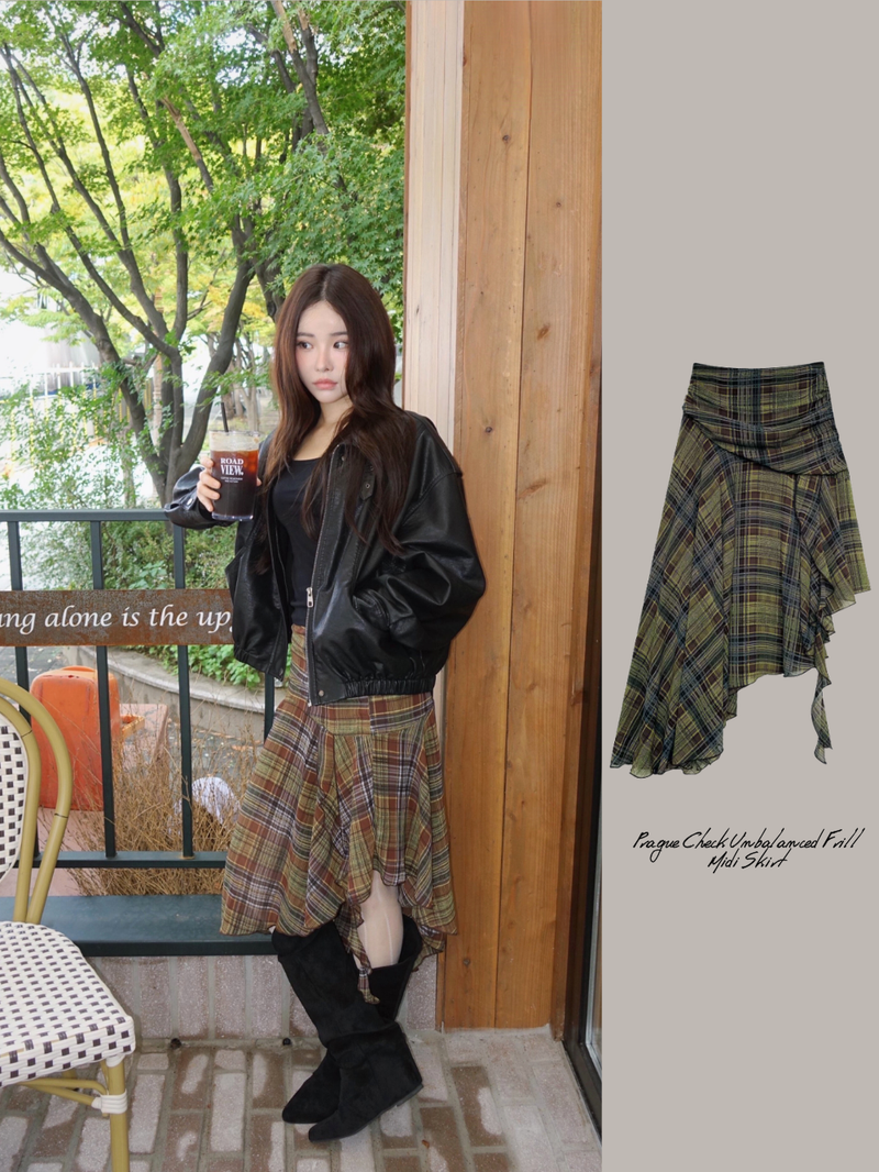 dereborujo（ドレボルゾー）の「Prague Check Unbalanced Frill Midi Skirt（Skirts）」