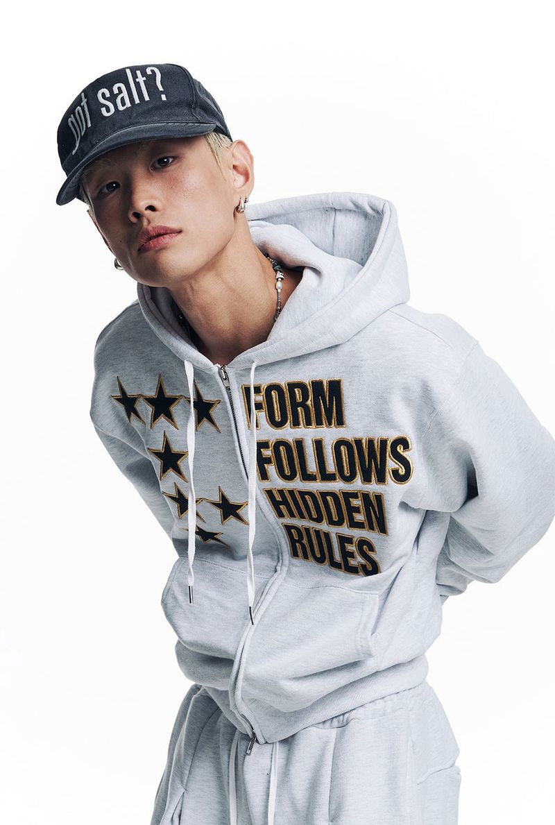 Star Lettering Patch Hoodie Zip-Up - White