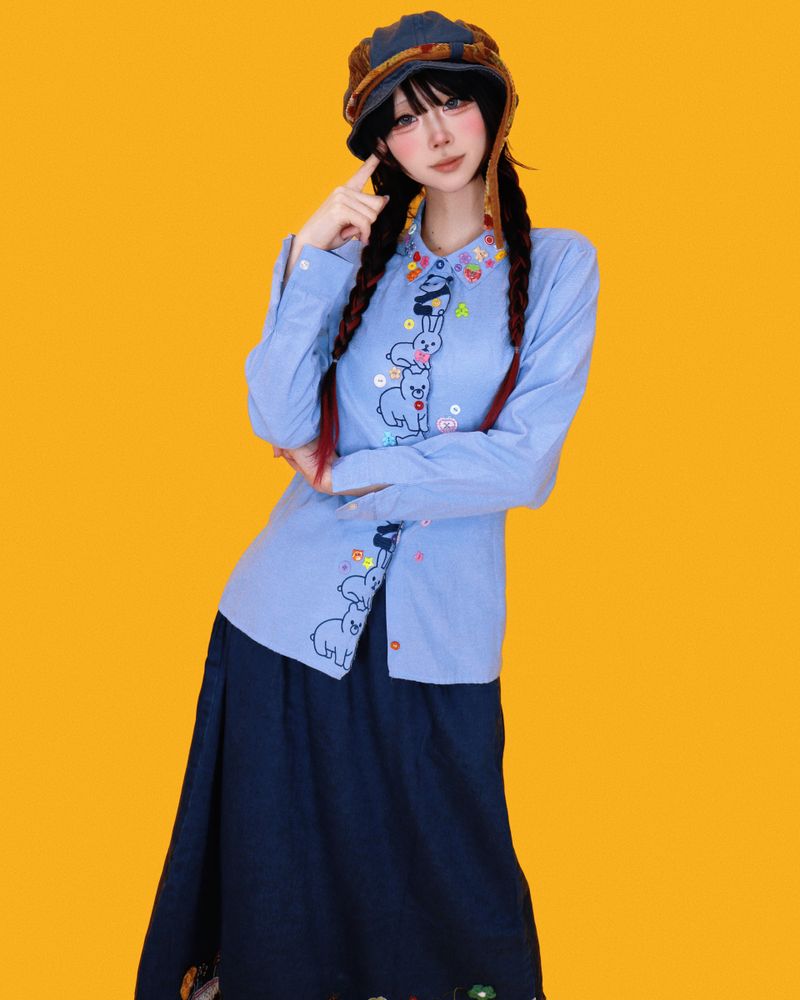 mushroom denim long skirt (2color)