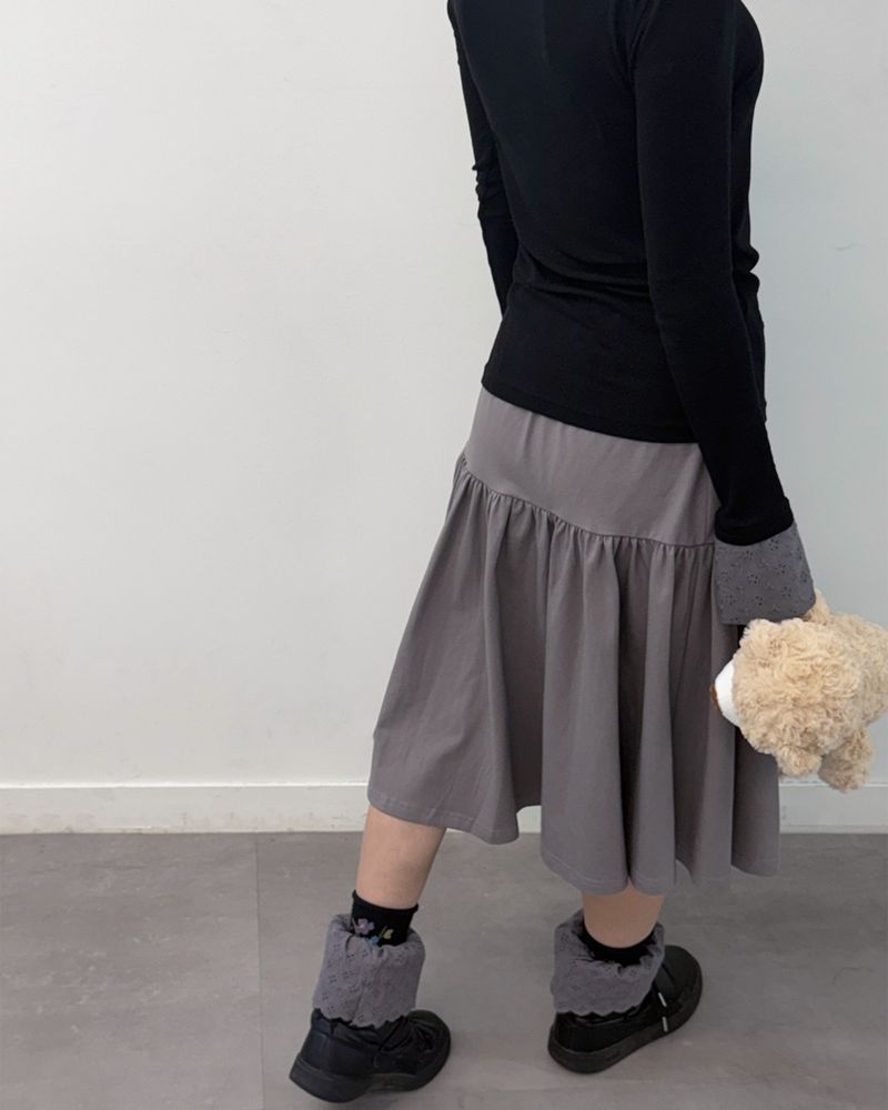 Lace Button Shirring Skirt (light grey)