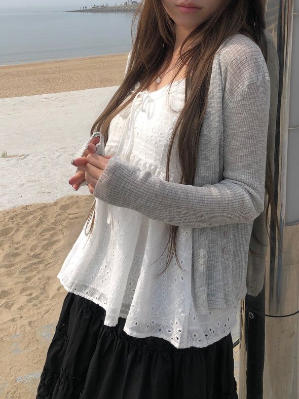 Brun Two-Button See-through Ribbed Knit Cardigan