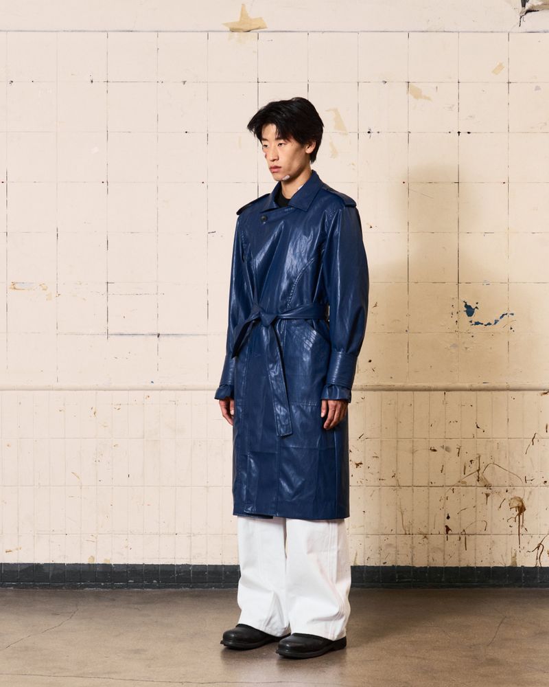 Curved Leather Trench coat (Blue)