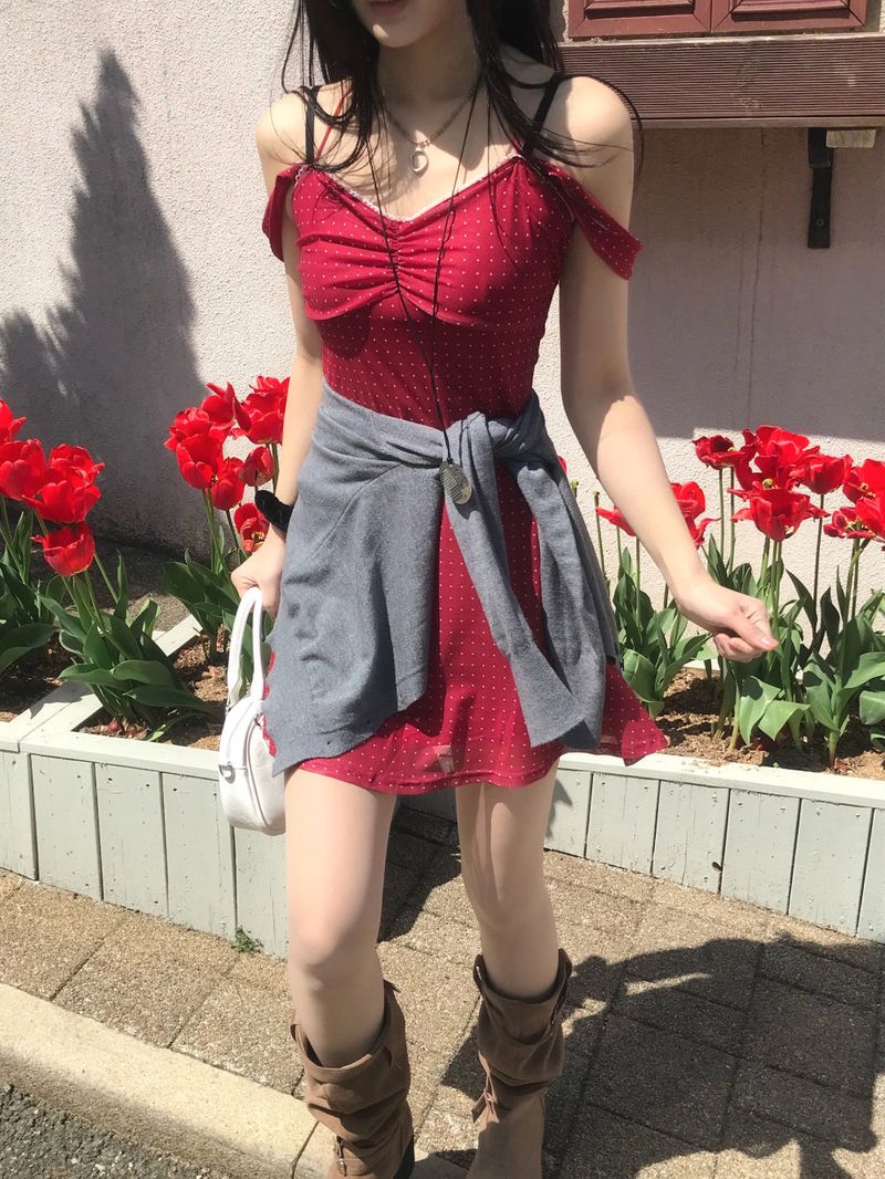 Cherry Kiss Dot Shirring Halter Mini Dress