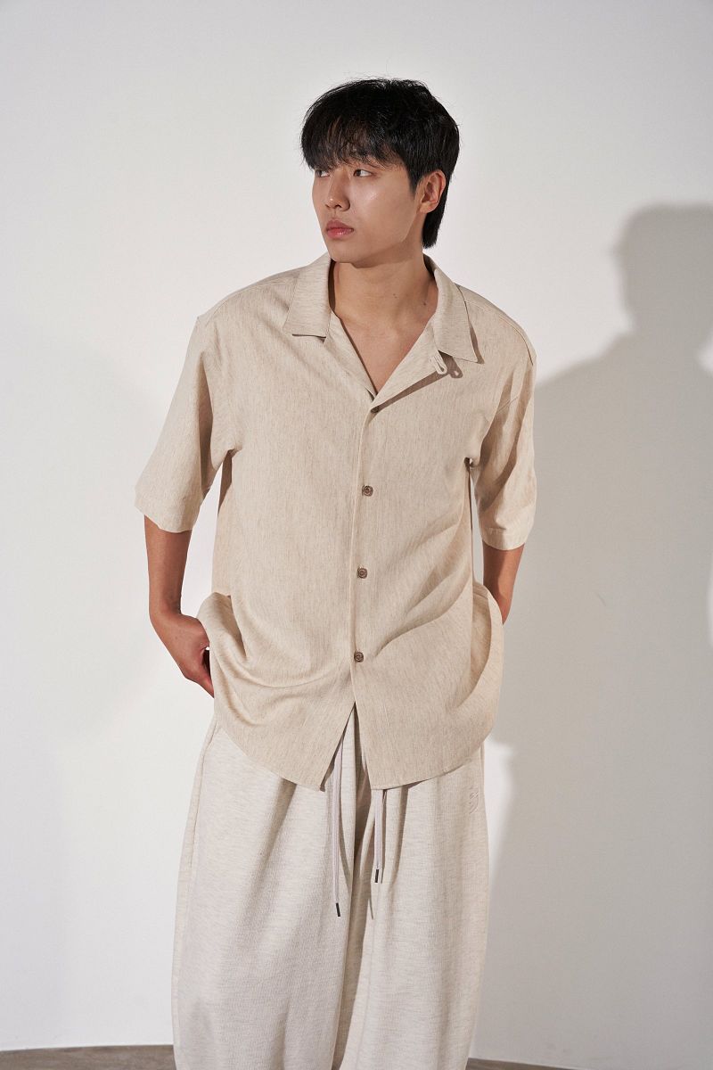 HERRINGBONE LINEN TAILORED 1/2 SHIRT (Oatmeal)