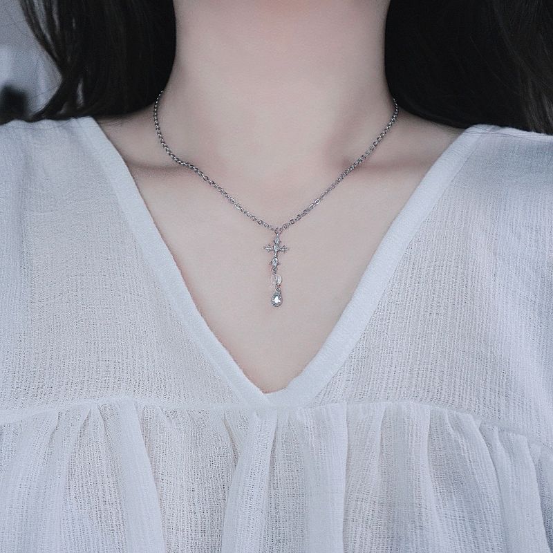 cross water drop transparent gemstone necklace