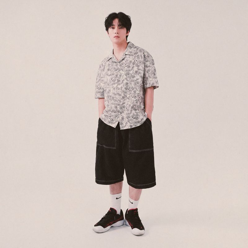 botanical drawing open collar shirt_ivory