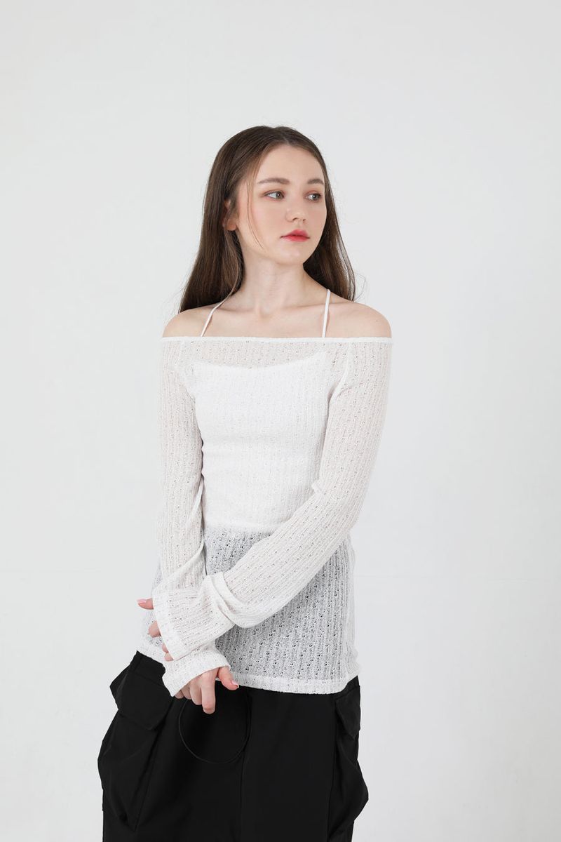 See-Throught Back Slit Long Sleeve Knit White