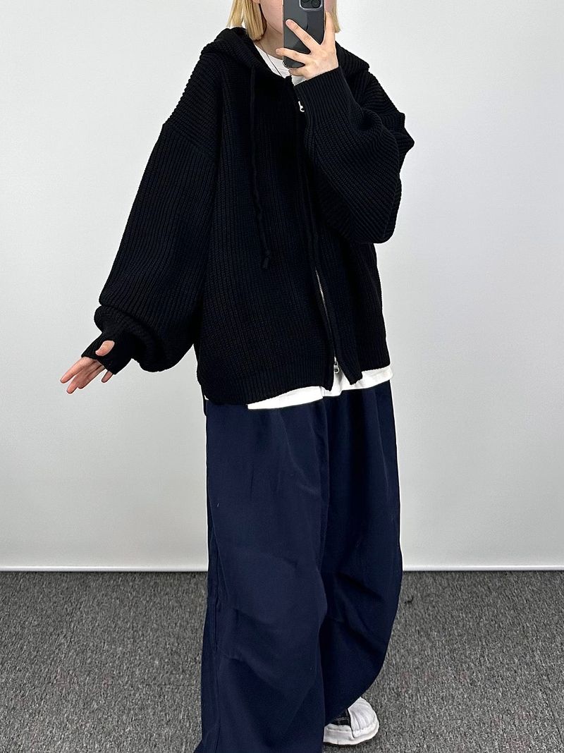 Warm hooded knit zip-up