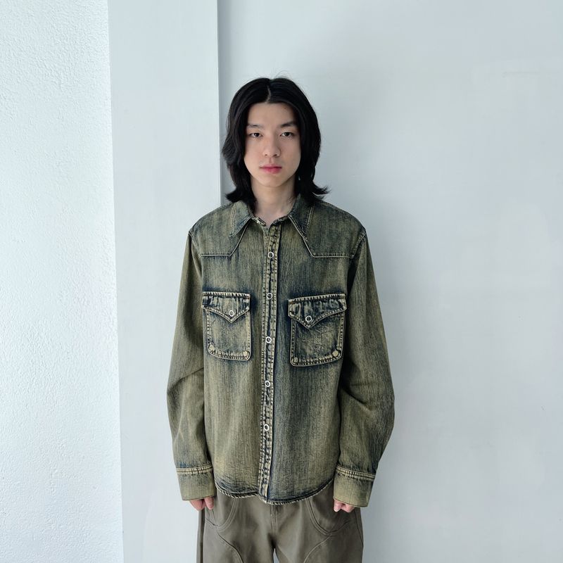 FADE MEET（フェードミート）の「Denim Vintage Washed Double Pocket Boxy Shirt（Tops）」