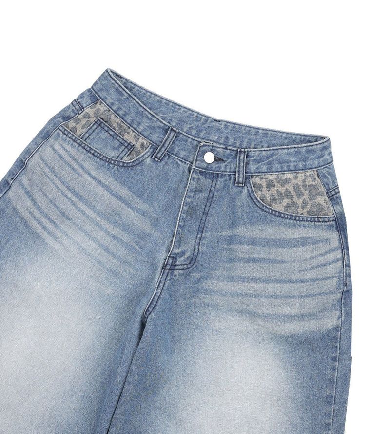 Leopard Cross Patch Roll-Up Denim Pants - Deep Blue