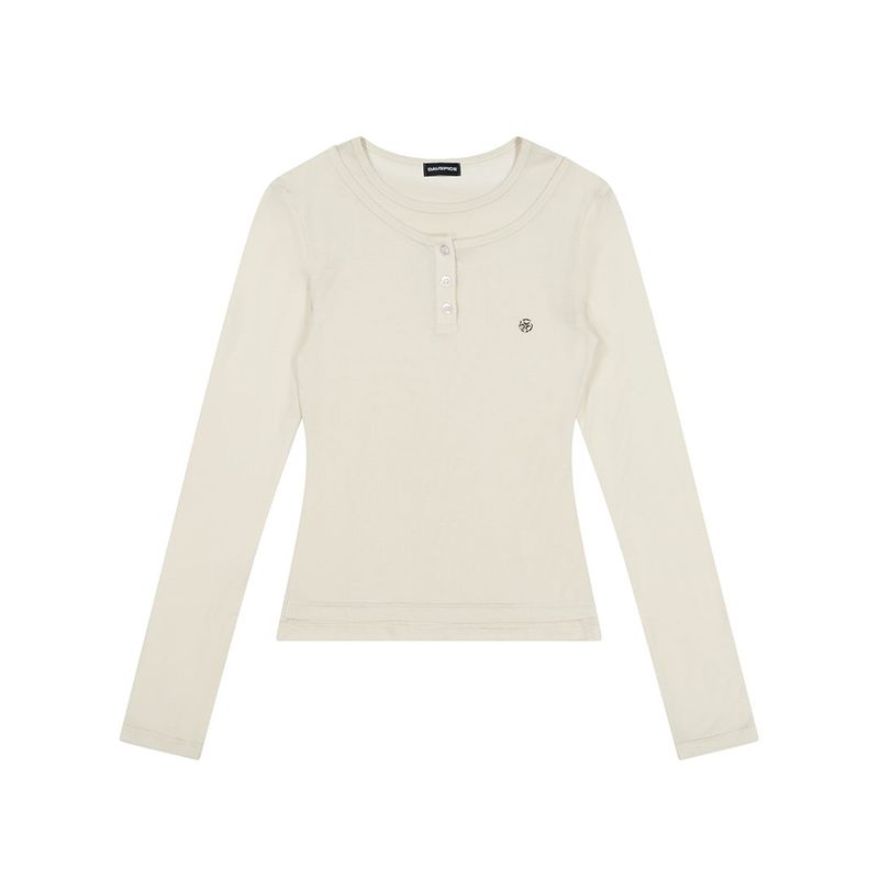 (DUC) Henley-Neck Double-Layer Long Sleeve Off White