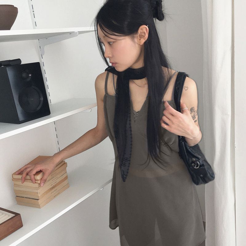 Haple see-through slit ribbon strap layered tank top mini dress
