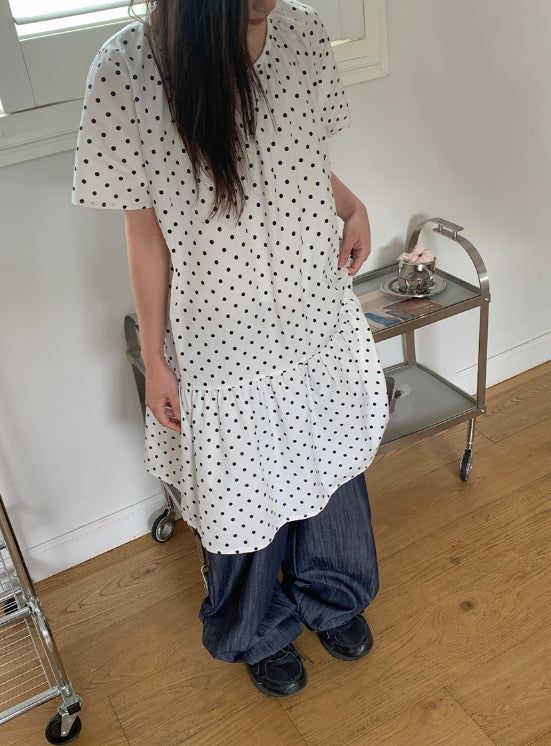 Totomi Dot Shirring Short Sleeve One Piece