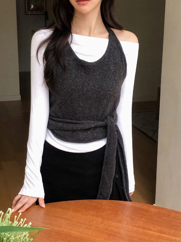 Halter Neck Wrap Knit Bustier (3color)