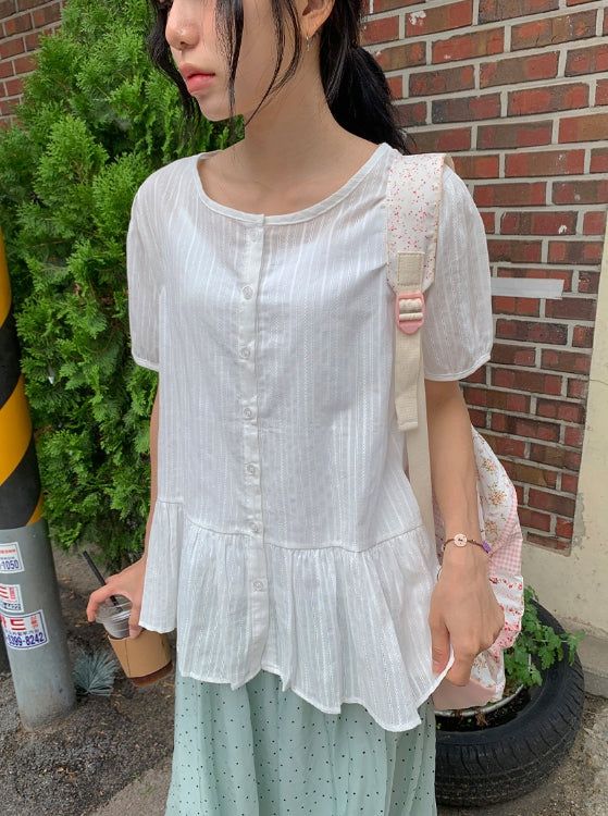 Roden Frill Cotton Balloon Short Sleeve Blouse